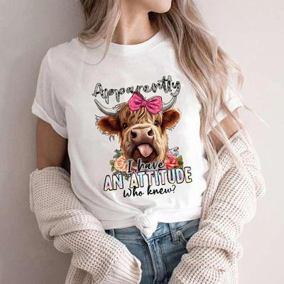 Футболки с принтом шотландской коровы для женщин, дизайн Attitude, женские футболки с коротким рукавом и круглым вырезом, забавная мультяшная одежда для женщин