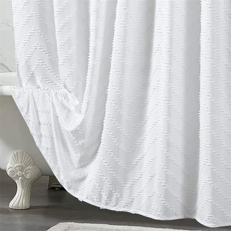 Белая стеганая занавеска для душа для ванной комнаты с ромбовидным узором и оборками, элегантная шикарная вышитая ткань, комплект для душа в стиле бохо