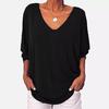 V-Neck Bat Seven-Point Sleeve Back Button T-Shirt Loose Top Women