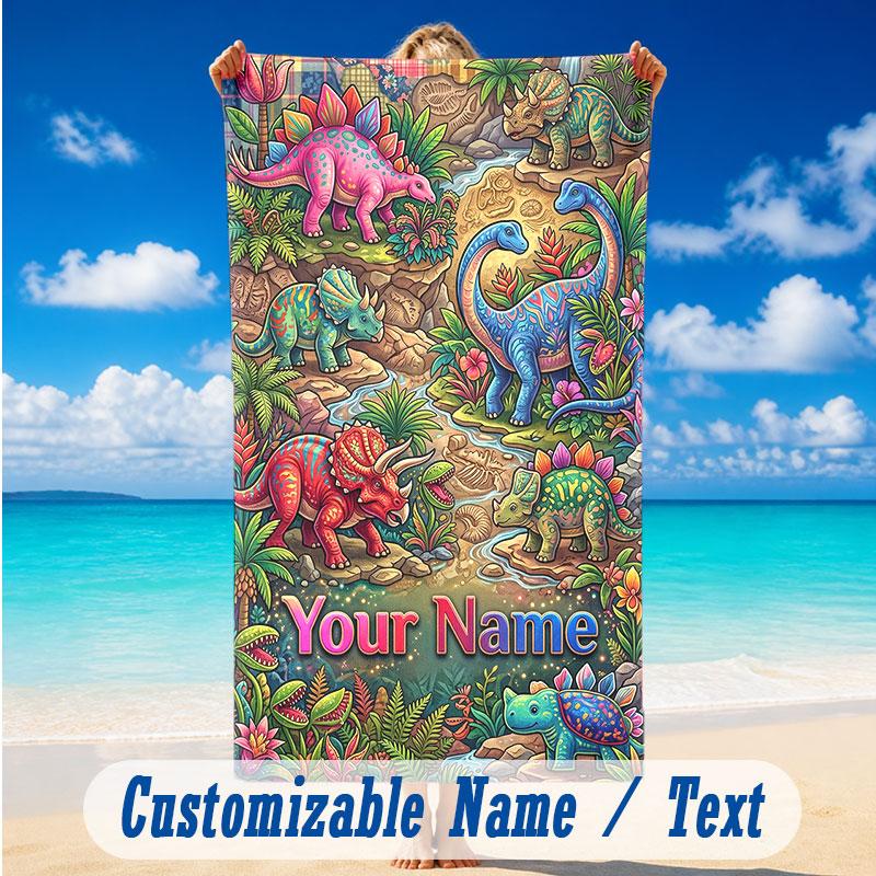 Dinosaur Theme Beach Towel Personalized Custom Name & Text Soft Quick Dry Beach Towel for Swimming Travel