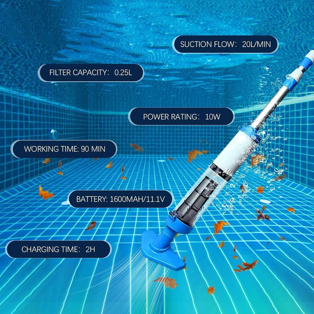 3 in 1 Cordless Rechargeable Swimming Pool Vacuum Head, Telescopic Pole Handheld Pool Cleaner for Spas, Inground Pool, Above Ground Pool and Hot Tubs