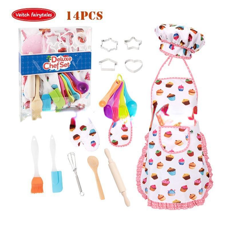 Кулинарный набор, детский милый набор для выпечки, набор кухонных игрушек, аксессуары, фартук со шляпой шеф-повара, перчатки для духовки, держатель для кастрюли, формочка для печенья в качестве детского кухонного подарка