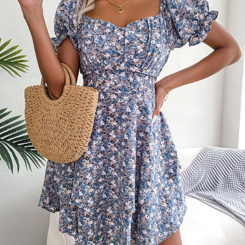 Женское весенне-летнее темпераментное платье с квадратным воротником и коротким рукавом на шнуровке с цветочным принтом S-XL