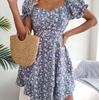 Женское весенне-летнее темпераментное платье с квадратным воротником и коротким рукавом на шнуровке с цветочным принтом S-XL