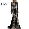 Floor Length Dress Women Skeleton Print Maxi Dress, Gothic Long Sleeve with Evening 3D Flower Decor, Velvet Floral for Halloween Costume Party