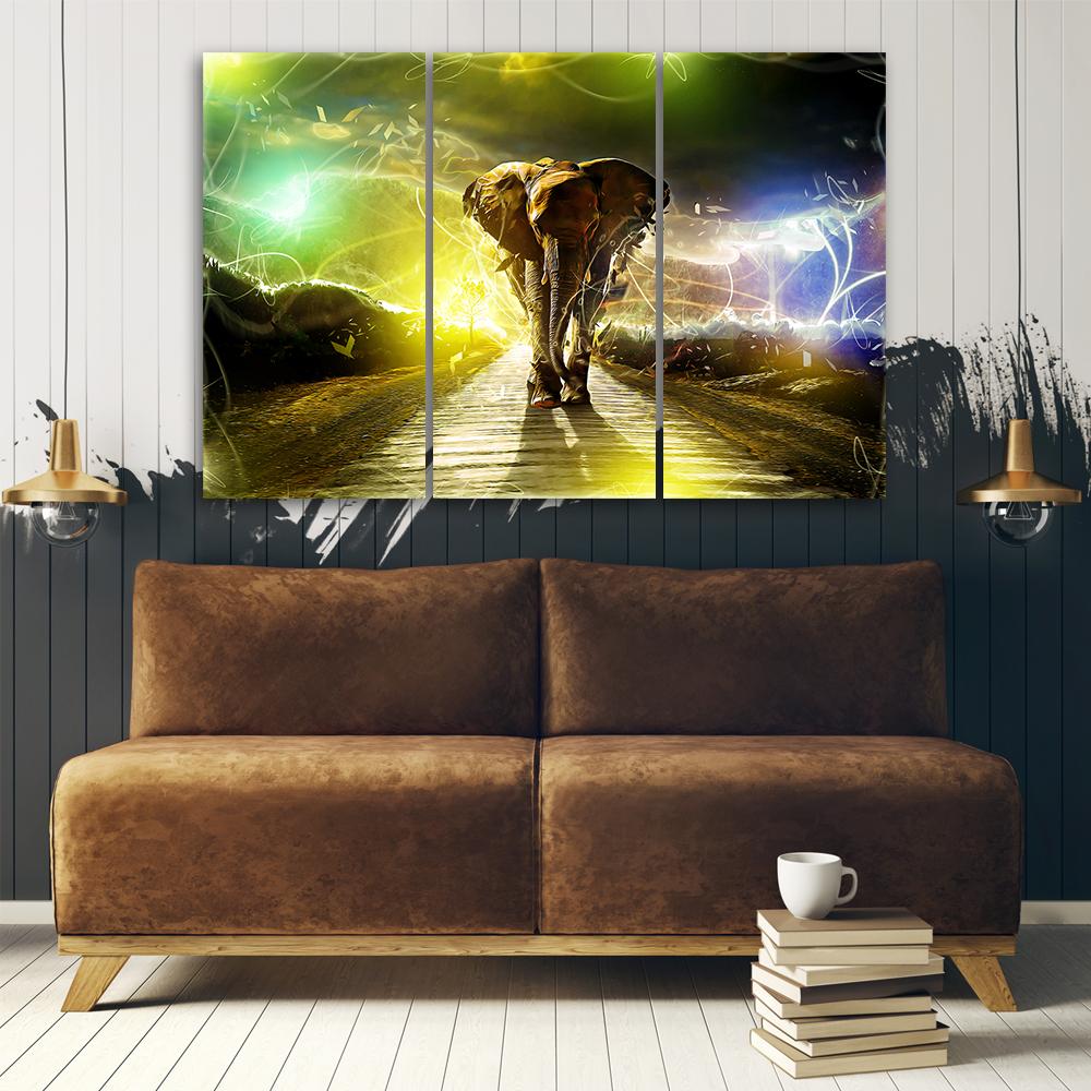 Three piece picture canvas print Elephant Animal Road Storm