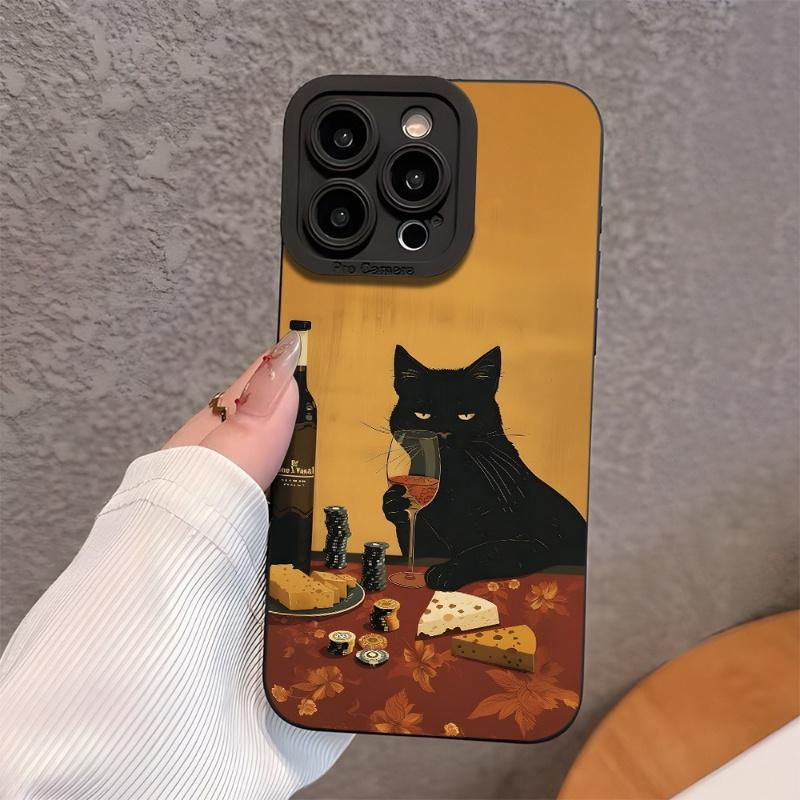 Чехол для телефона "Черная кошка наслаждается вином" Подходит для iPhone 17, 16, 15, 14, 13, 12, 11 Pro/Max/Plus Противоударная задняя крышка