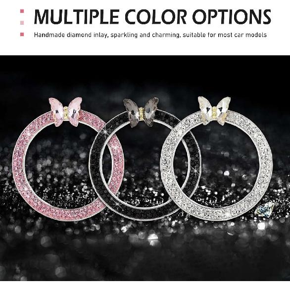 Bling Car Crystal Rhinestone Ring Emblem Sticker, Girly Butterfly Diamond Engine Start Button Cover, Push to Start Button, Key Ignition Starter &