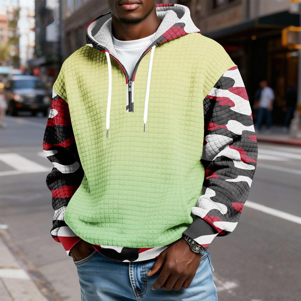 Мужской худи-пуловер в клетку с капюшоном на молнии до середины, со шнурком и принтом, повседневная спортивная толстовка