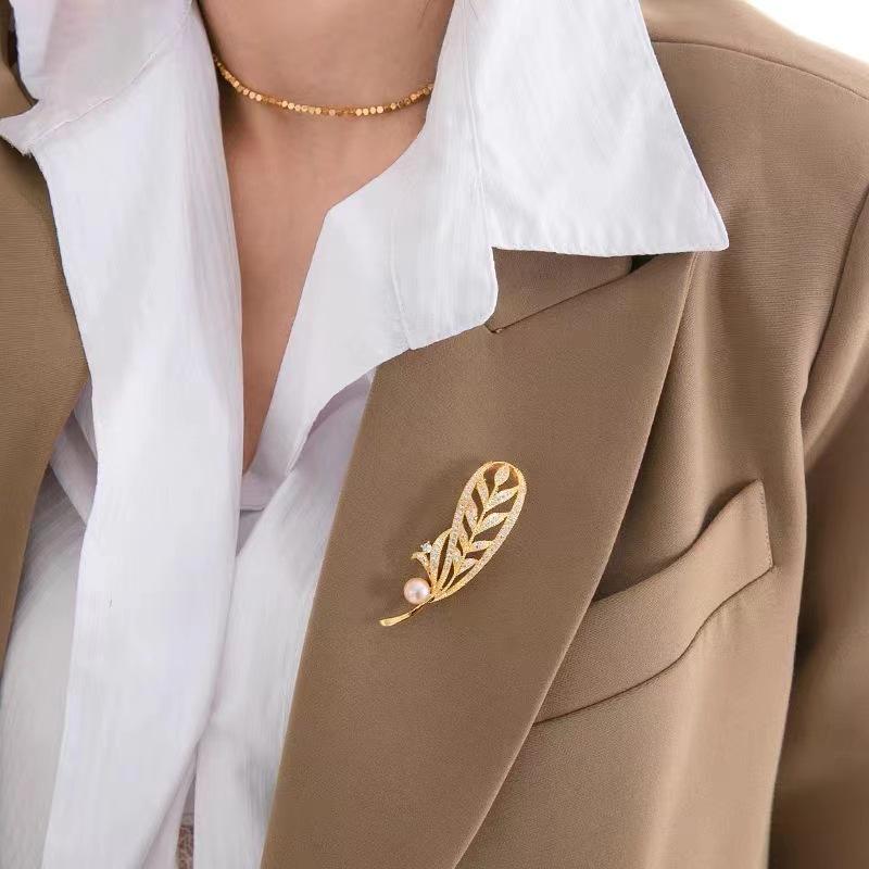 Брошь-перо со стразами, жемчужина, атмосферный лист, подарочная булавка для корсажа