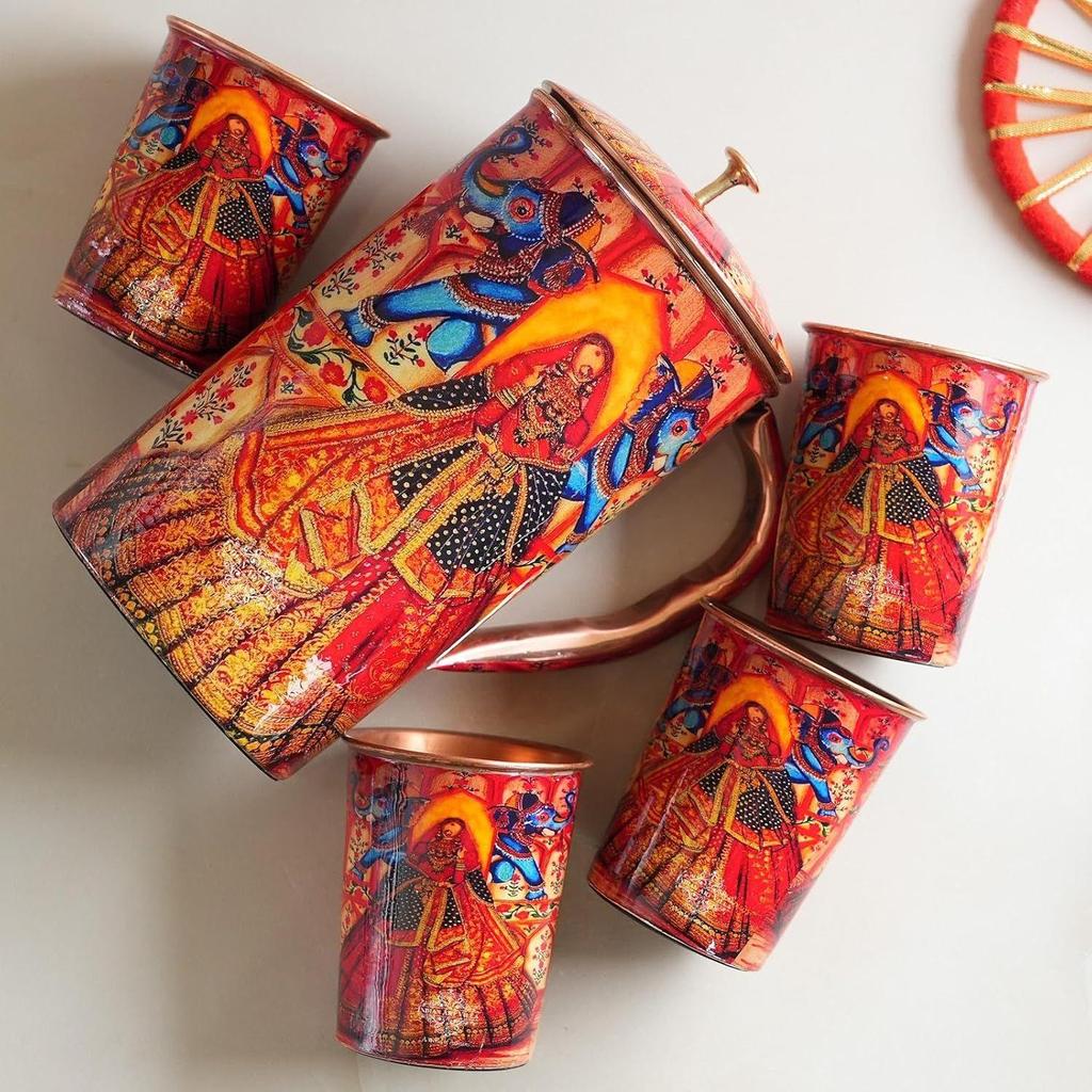 Meena Padharo Mhare Desh Theme Copper Gift Set of 1 Jug & 4 Glass - Perfect for Home, Office, and Gifting, Jug-1.5 Litre & Glass-270 ML Each