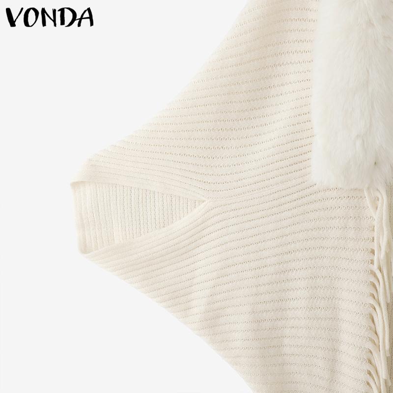 VONDA Women Long Sleeve Fluffy Tassel Splicing Open Front Casual Knitted Sweaters Cardigans