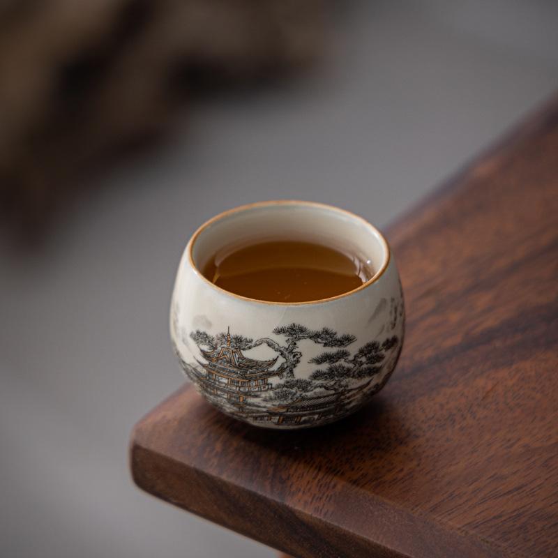 Ceramic Master Cup Household Tengwang Pavilion Landscape Kung Fu Tea Set Teacup High-grade Huangru Kiln Tea Cup with Gift