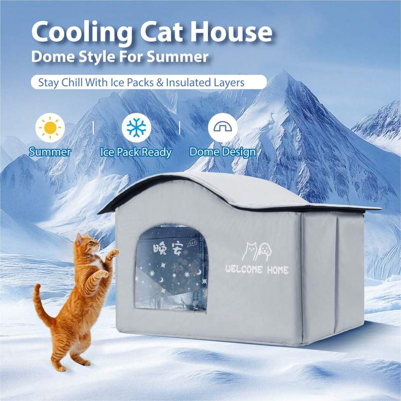 cooling and warm Foldable Insulated Cat Cooling House with Ice Packs and Reversible Mat, 3 Sizes for Indoor/Outdoor Use