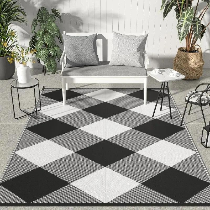 Ретро Клетчатый Узор Уличный Ковер Геометрический Коврик для Дома Гостиной Балкона Кемпинг Пикник Декоративные Коврики Стирающийся