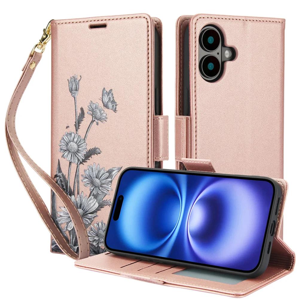Чехол-книжка с держателем для карт для iPhone 16E 16 15 14 Plus 13 12 11 Pro Max XS XR X 7 8 Ремешок на запястье Кожаная обложка