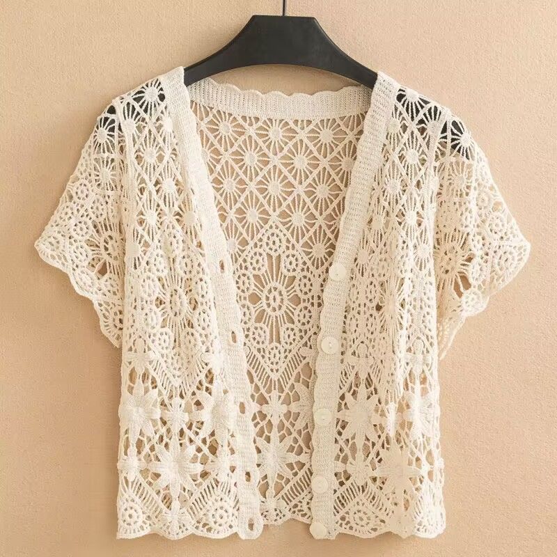 Женский новый универсальный ажурный кардиган, летняя свободная рубашка с v-образным вырезом и солнцезащитным кремом на пуговицах, повседневная верхняя одежда, сетчатый ленивый топ с длинными рукавами