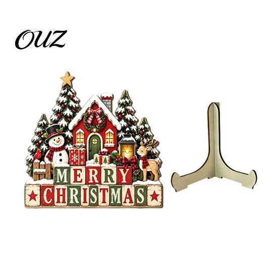 Christmas Gift for Family 2D Wooden Castle Tabletop Ornament, Santa Scene Bookshelf Decoration Winter Theme Room Decorations with Stand, Festive