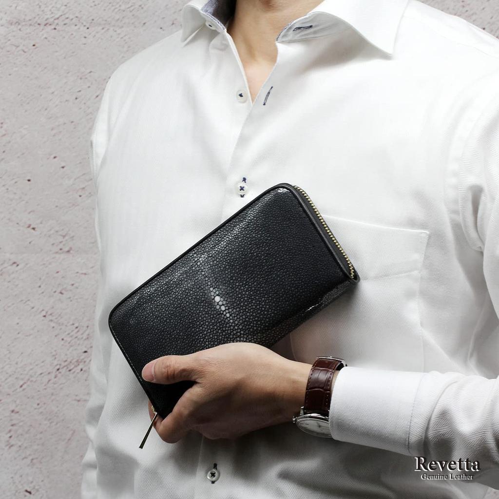 [Revetta] Stingray Leather Long Wallet, Black, Round Zipper, Gold, Galuchat Stingray Leather, Men's Genuine Leather [075-3stw]