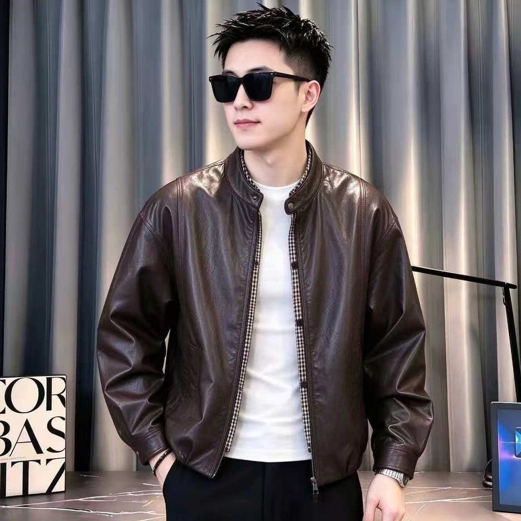 Spring and autumn American round neck fake two trendy brand leather jacket new jacket ruffian handsome popular casual