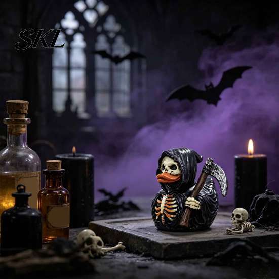 Dark Home Office Accessories Halloween Grim Reaper Duck Resin Figurine, Gothic Scythe Statue Spooky Atmosphere Ornaments for Desk Decor, Collectible