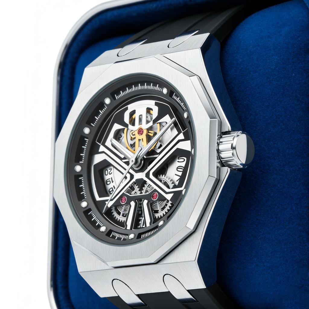 Men's Quartz Watch, Crafted with Quartz Movement, Black Warrior 12-Sided Case with a Hollowed-Out Face and Silicone Strap, Large