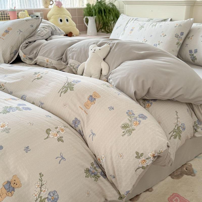 Class A Double Layer Gauze Floral Jacquard Bamboo Cotton Bedding Set - Fresh Design for Student Dormitory