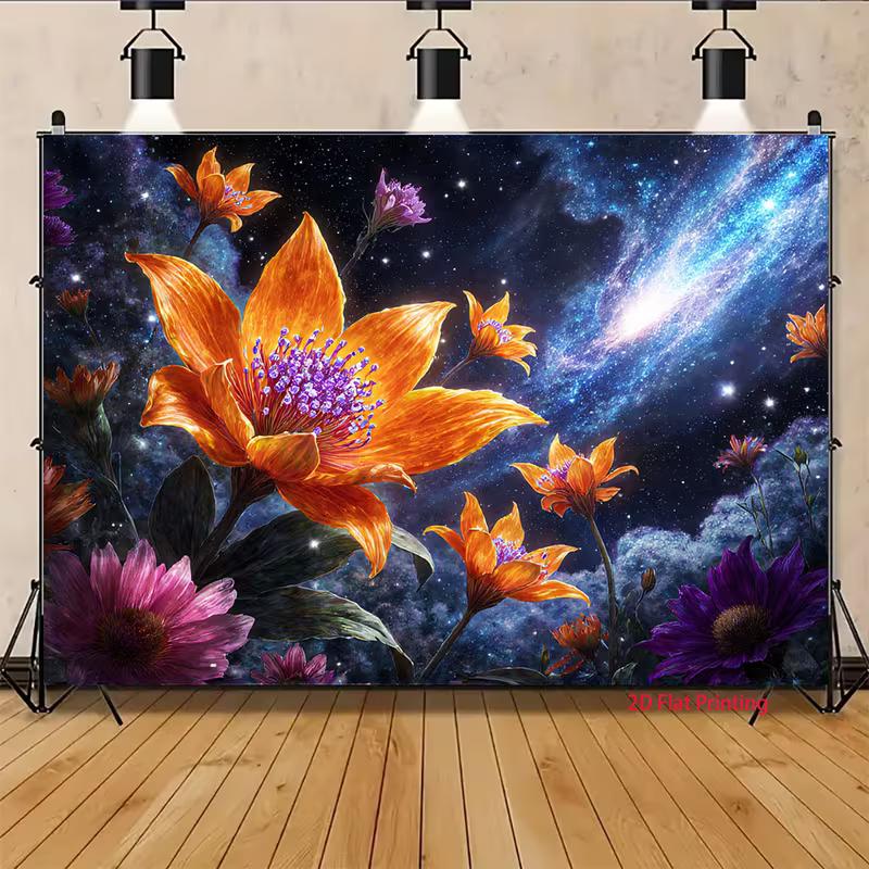 2D Themed Tapestry for Modern Decor, Cosmic Flowers with a Bright Nebula and Starry Night