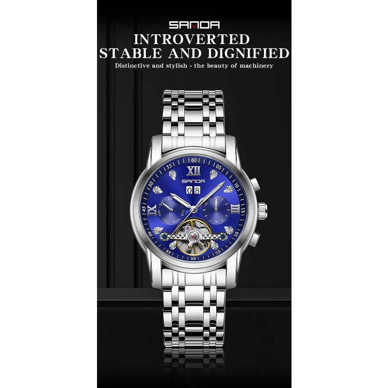 SANDA Новый продукт, мужские автоматические механические часы со стальным ремешком, кварцевые модные полые мужские часы