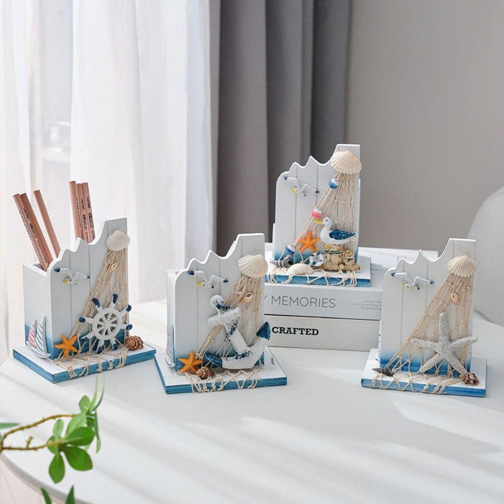 Large Capacity Wooden Pen Holder Ocean Style Pen Container  Office Desktop Decoration