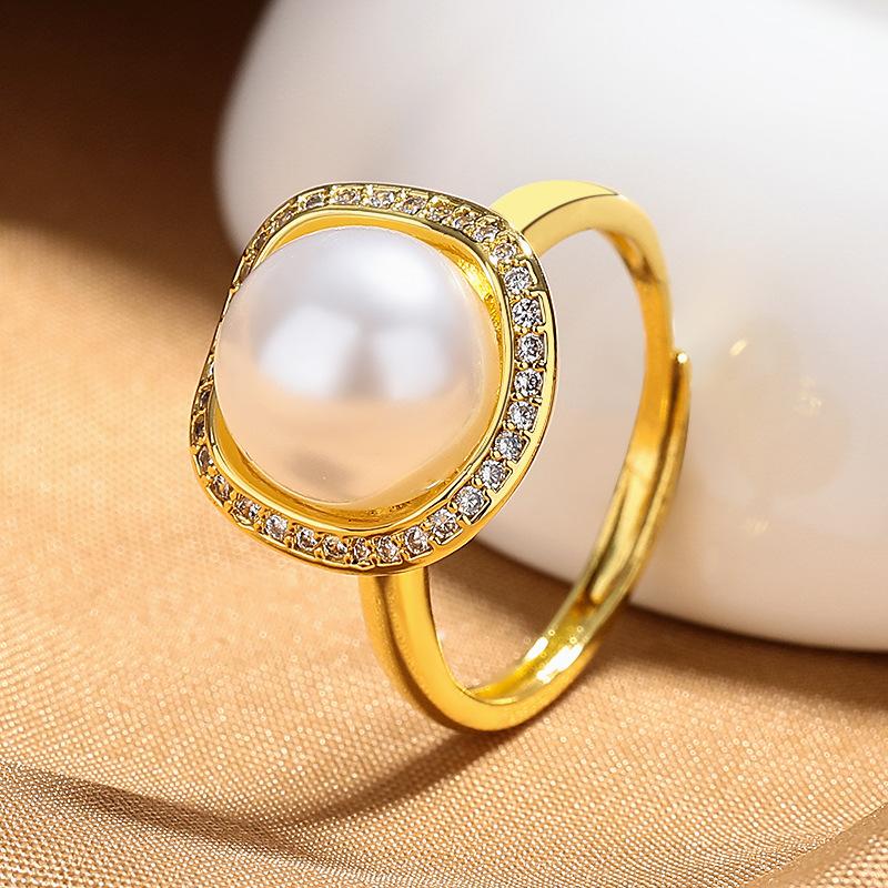 2026 Temperament Niche Diamond-encrusted Pearl Ring Female Korean Light Luxury High Sense Open Index Finger Ring with Jewelry Empty Holder