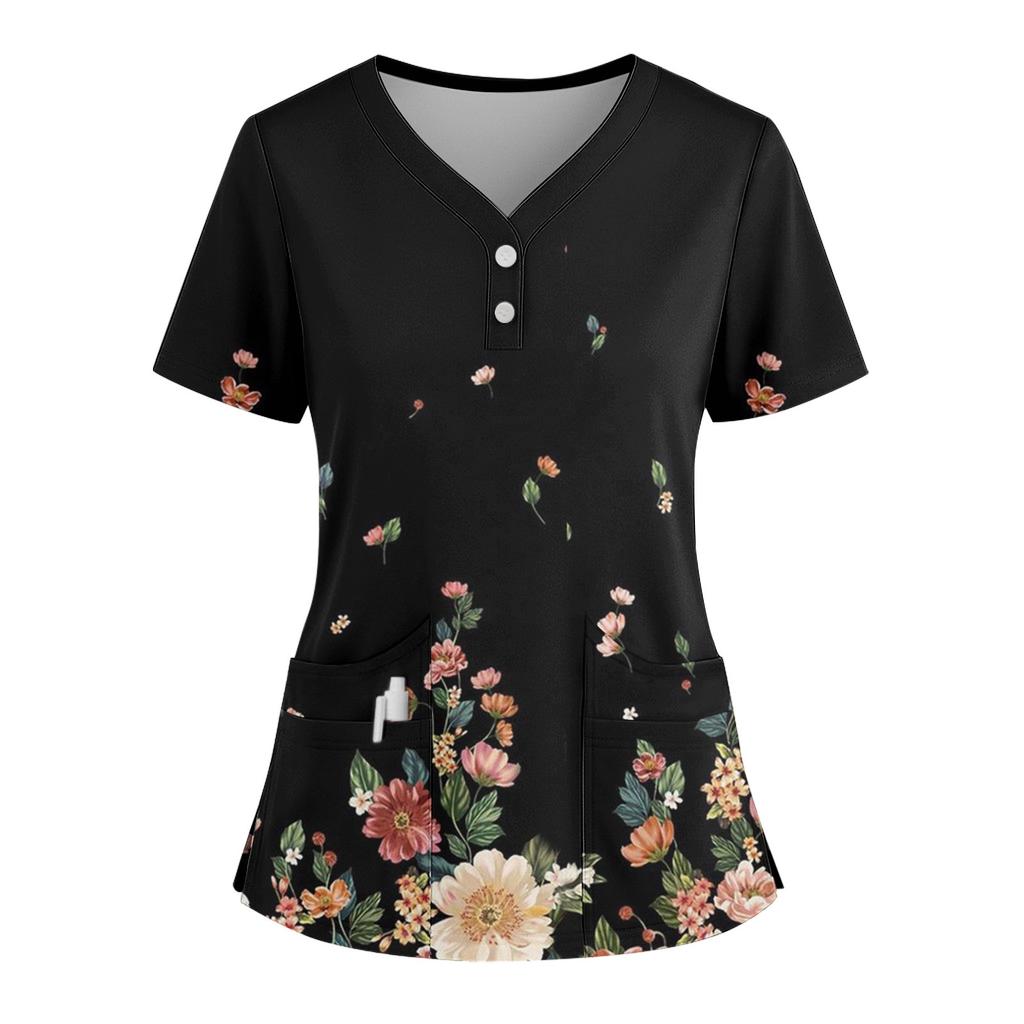 Женская свободная футболка с коротким рукавом, модным принтом цветов и растений, V-образным вырезом, застегивающаяся на пуговицы, с боковым разрезом