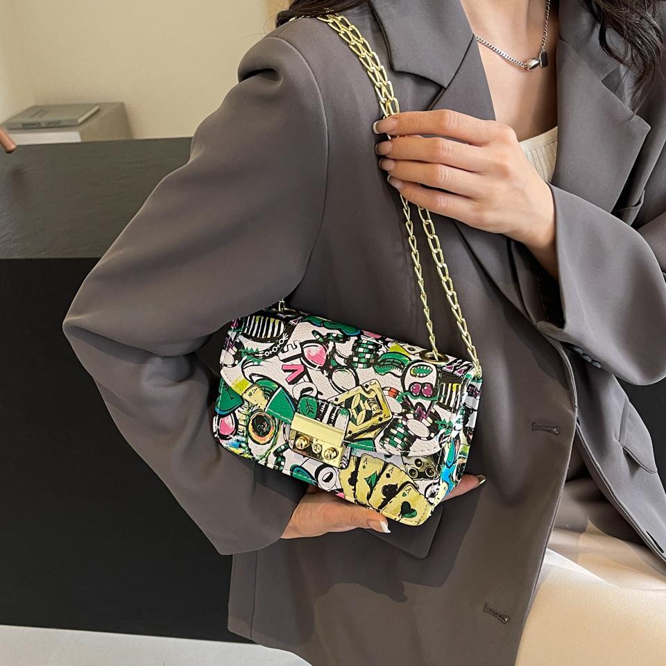 Женская мода Граффити Маленькая сумка 2024 Лето Дамы Клапан Телефон Вечерний Клатч Кошелек Сумки Через Плечо Для Женщин Цепи Сумки На Плечо