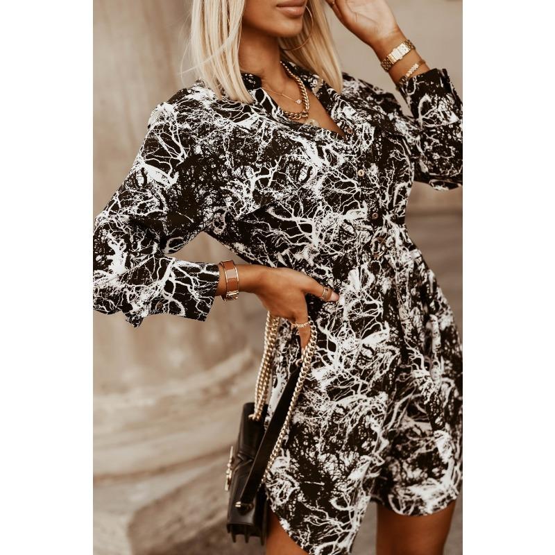 YYFS Women's Fashion Spring Fall Colour Block Print Long Sleeve V-Neck High Waist Casual Dresses