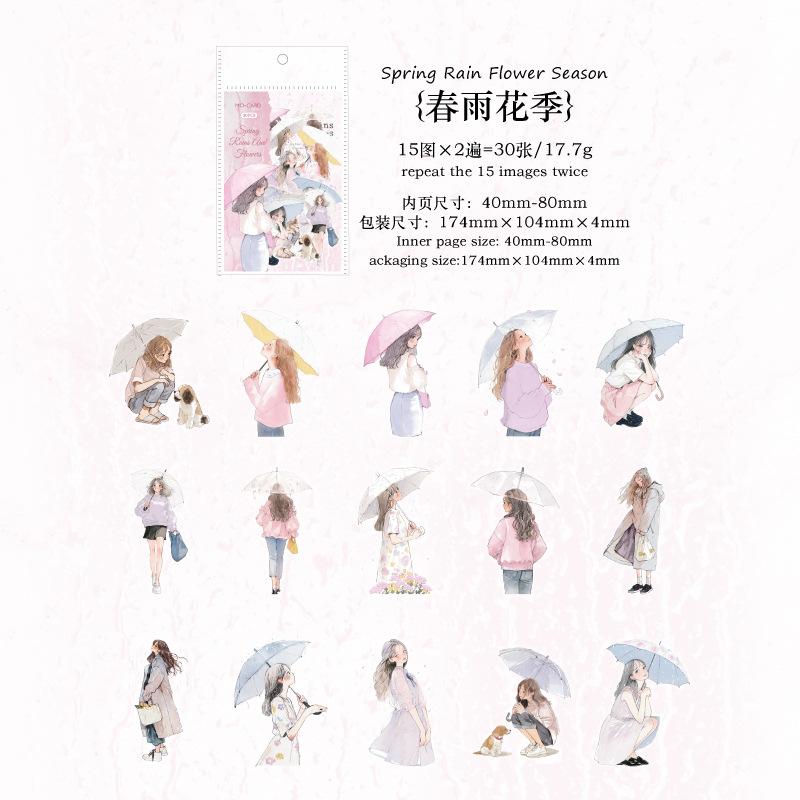 30 pcs The theme of the girl in the rain Stickers The girl with an umbrella Decorative Adhesive Diy Sticker pack