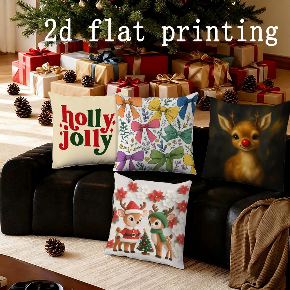 Home Decor Christmas-themed Jolly Deer & Bow Pillow Covers Pattern Cushion Cover Suitable for Sofa Bedroom Car Pillow Cover