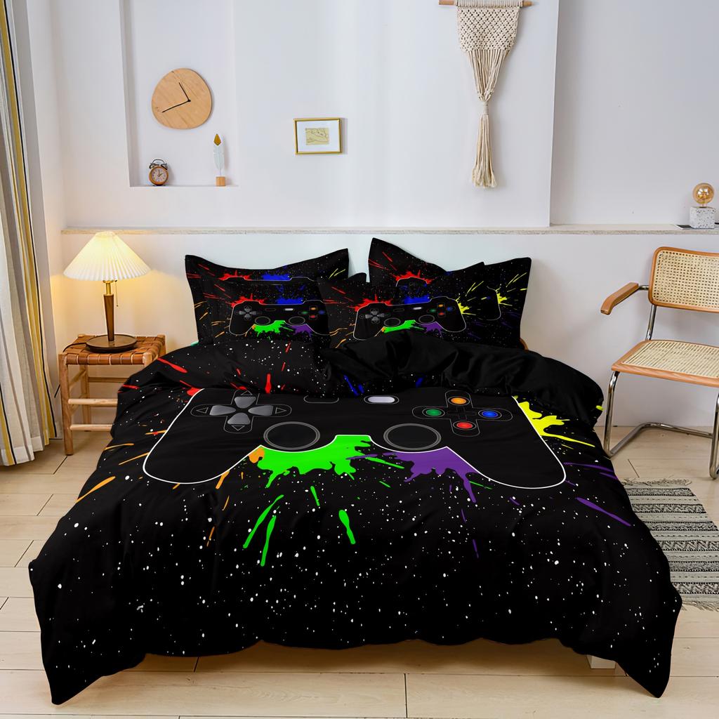 3pcs Video Game Controller Mouse Keyboard Headphone Pattern Duvet Cover Set - Modern Fashionable Cool Gamepad Print