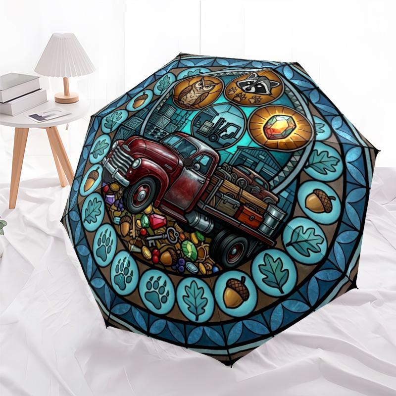Rustic Truck Treasures pattern umbrella, portable and foldable design, 8 ribs, a casual accessory for Halloween, Christmas, and birthday gifts.