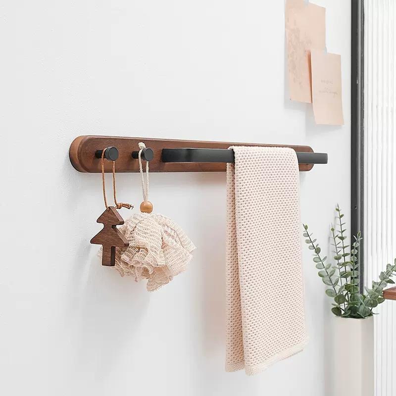 Walnut Bathroom Towel Bar With Hook Wall-mounted Toilet Coat Hook Wood Towel Rack Black Bath Towel Rack Bathroom Accessories