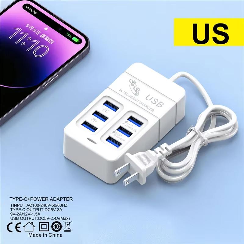 Компактное 6-портовое USB-зарядное устройство 35 Вт с поддержкой быстрой зарядки PD и чипом Auto-ID