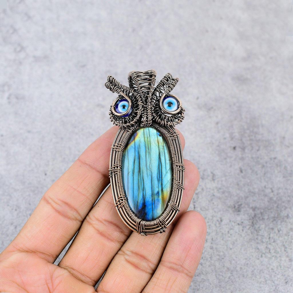 Labradorite & Blue Evil Eye Pendant, Handmade Gemstone 999 Copper Wire Wrapped Pendant Antique Jewelry, For Gift Silver Jewelry