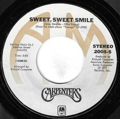 7-дюймовая пластинка CARPENTERS Sweet Sweet Smile 2008S AM Records 1977 US Pop Б/у