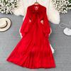 Autumn Vintage Women Long Dress Elegant Bow Collar Lantern Sleeve Single Breasted Pleated Maxi Female Red Purple Dresses