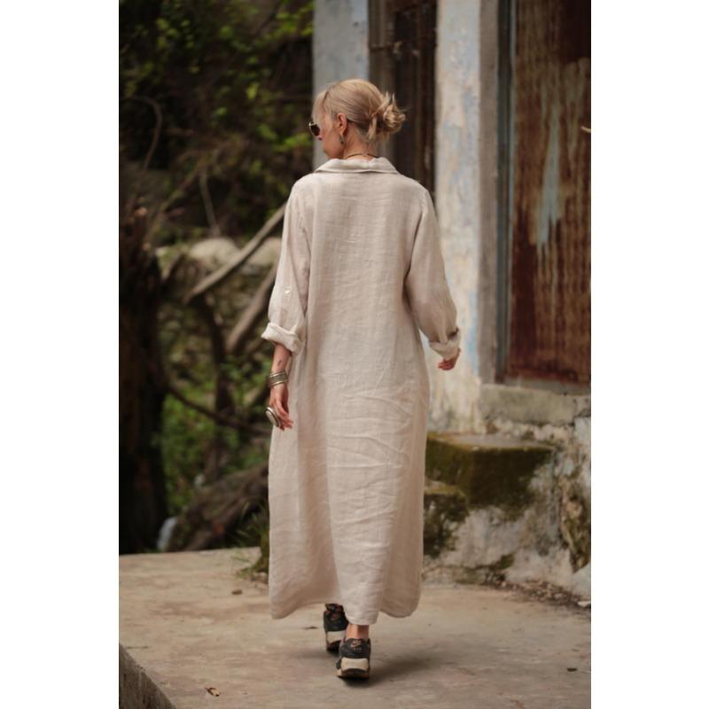 Plus Size Spring and Autumn Women's Dress Solid Colour Standing Collar Long Sleeve Temperament Elegant Simple Loose Fashion Long Cotton Linen Dresses