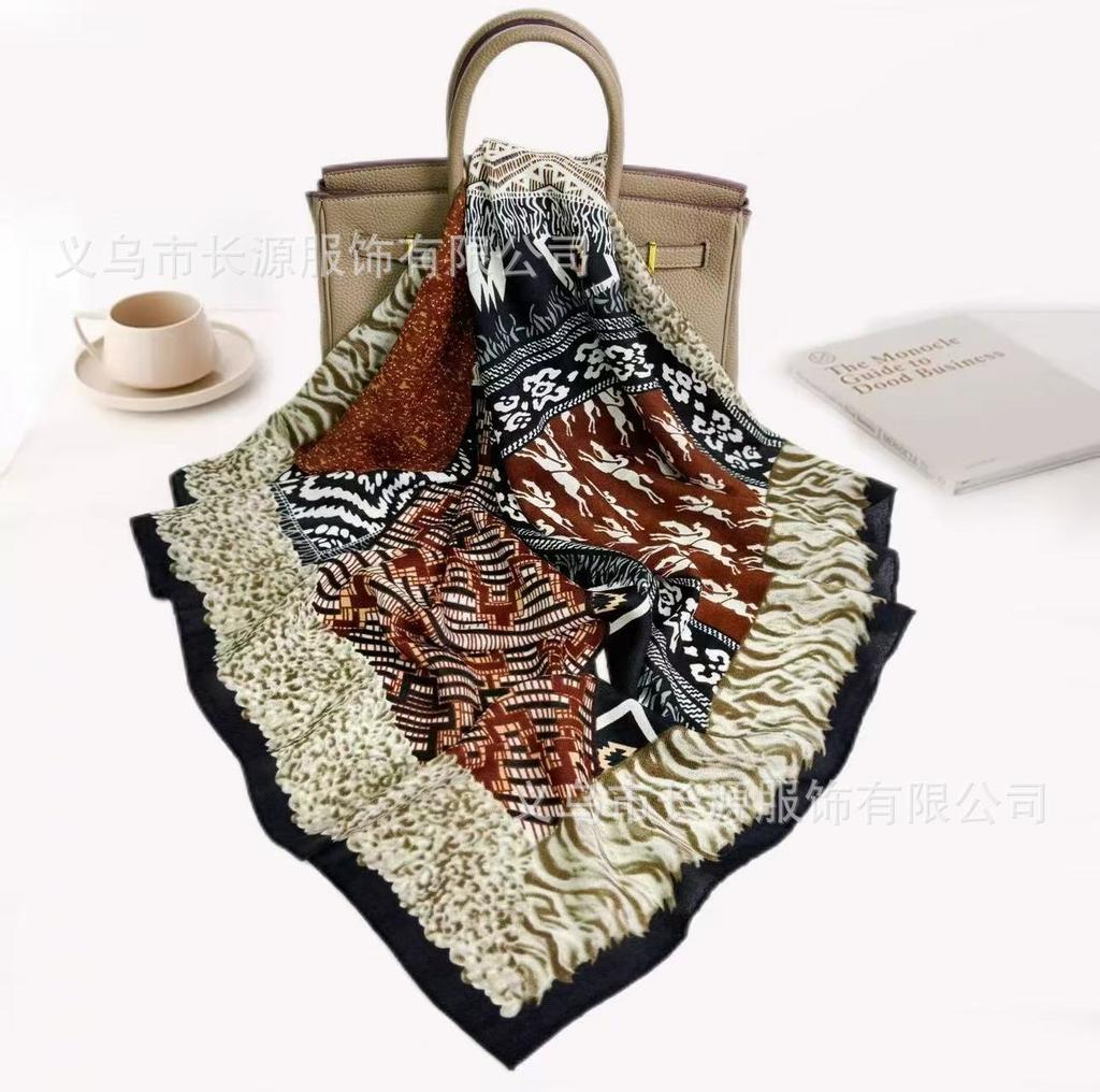 Summer new art academy style silk cotton square scarf elegant versatile fashion literary air conditioning room flower silk scarf women