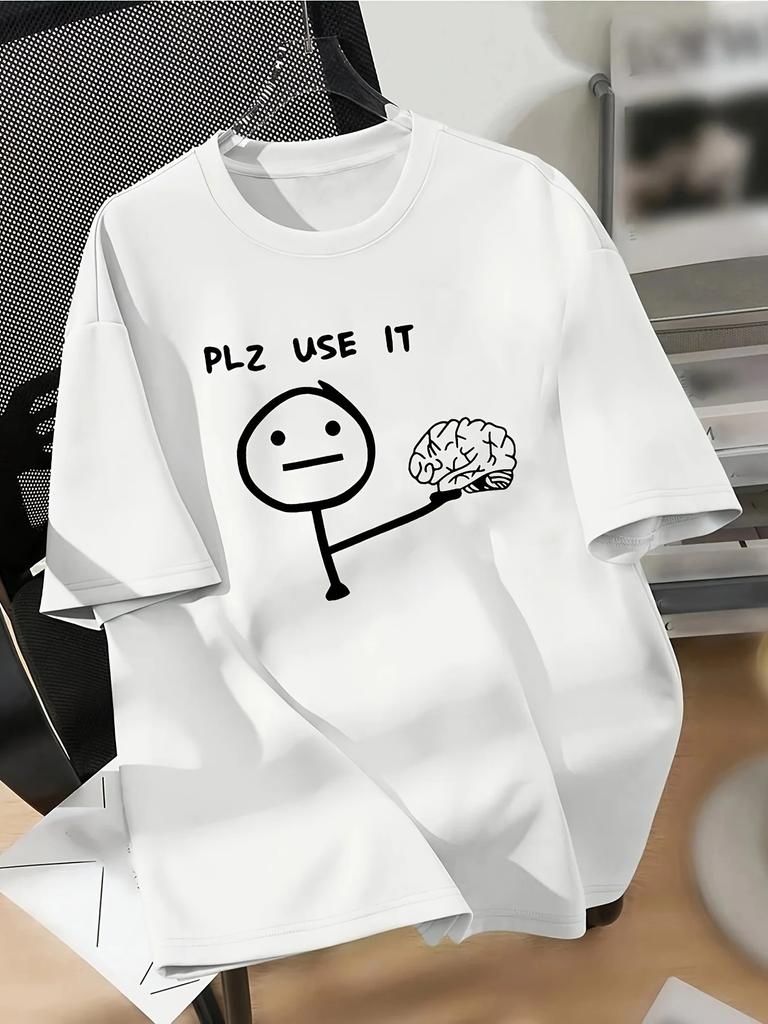Womens Casual Graphic Tee Plz Use It Cartoon Brain Design Short Sleeve Crew Neck Ladies T Shirts