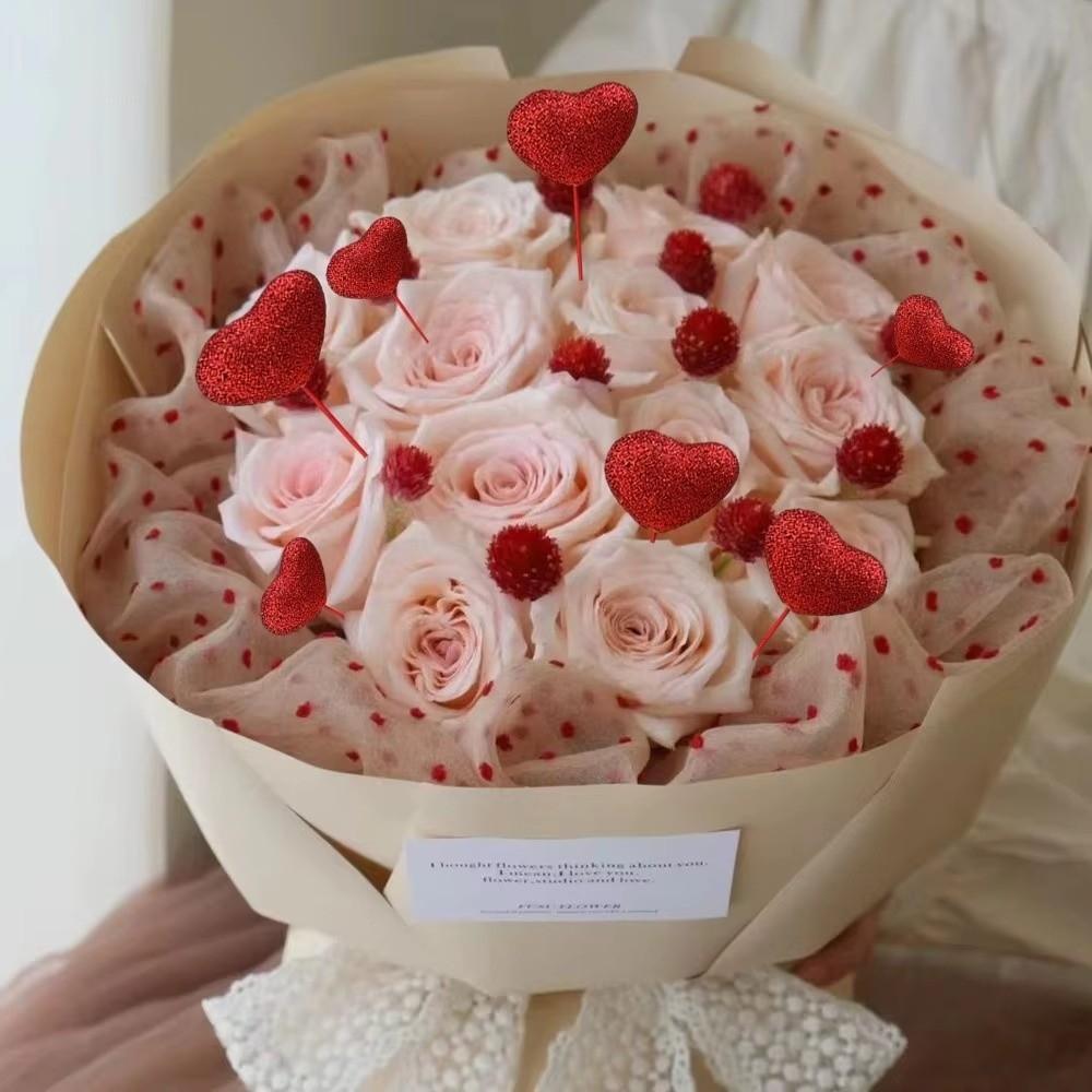 10pcs Glitter Vase Pick Stick Foam Cake Topper Shinny Red Heart Branch Dessert Cake Decor
