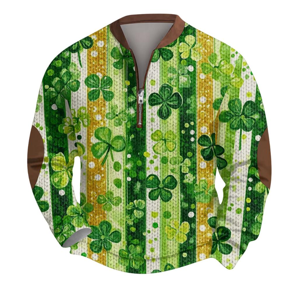 Мужской рождественский свитер на молнии, винтажный вязаный графический свитшот St. Пуловер с воротником-стойкой на День святого Патрика