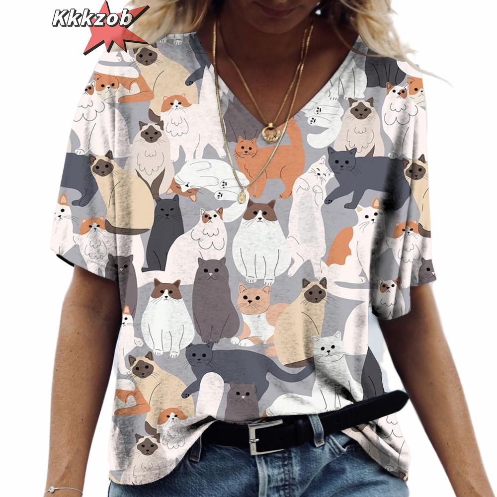 Футболка женская с принтом аниме-кота 2024 года, модная одежда в стиле Харадзюку, футболки большого размера с коротким рукавом и V-образным вырезом, женская повседневная уличная блузка