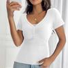 Женский свободный повседневный однотонный облегающий топ с кружевным лоскутным узором и V-образным вырезом с короткими рукавами